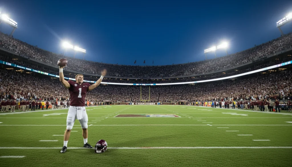 Estadio universitario de fútbol americano lleno de aficionados durante un partido nocturno de la NCAA