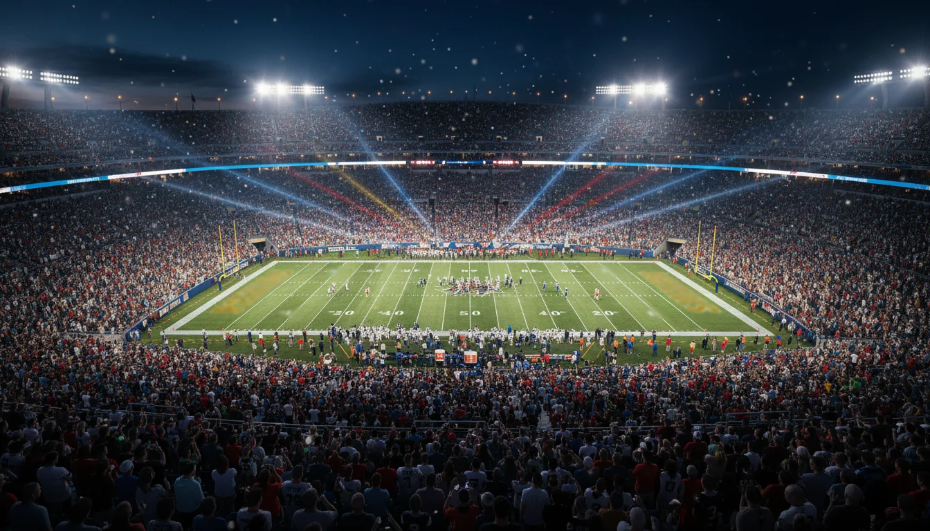 Estadio repleto de aficionados durante la Super Bowl con ambiente nocturno espectacular