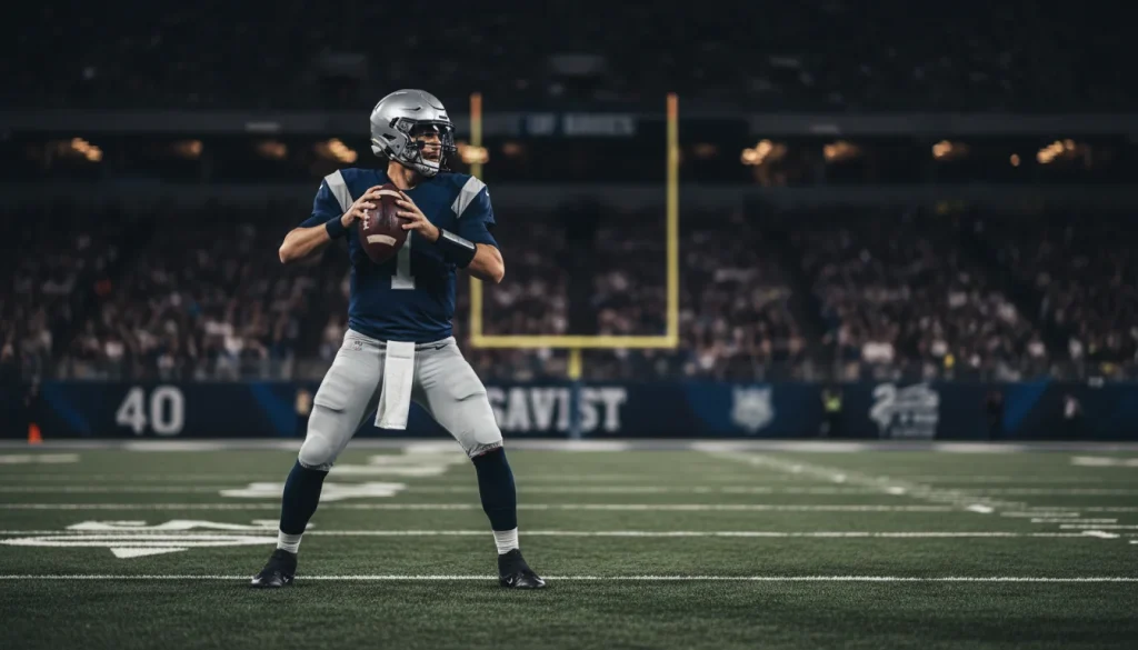 Jugador de fútbol americano en posición de quarterback listo para lanzar el balón en un estadio de la NFL iluminado bajo los focos nocturnos