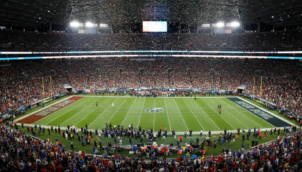 Estadio de fútbol americano repleto de aficionados durante la final de la Super Bowl con el campo iluminado y confeti cayendo
