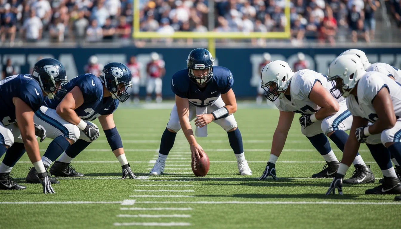 Jugadores de fútbol americano en formación en la línea de scrimmage durante un partido