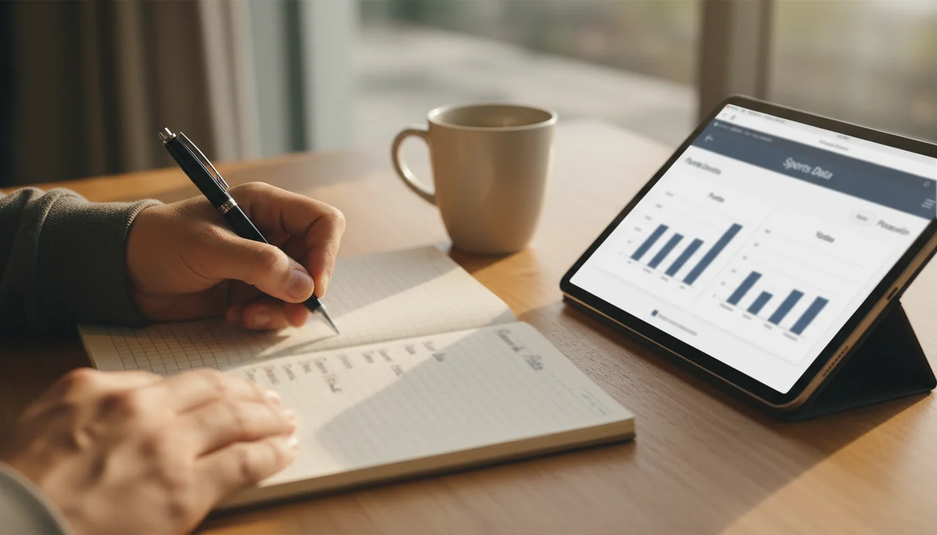 Persona tomando notas sobre estrategia de apuestas deportivas en un bloc junto a una pantalla con datos