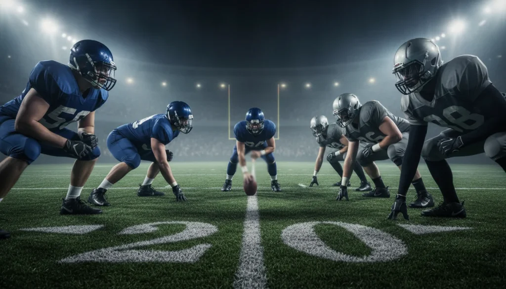 Campo de fútbol americano iluminado bajo luces nocturnas con jugadores en formación antes del snap