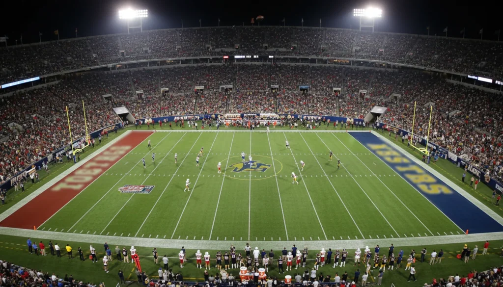 Estadio de la NFL lleno de espectadores durante un partido nocturno con el campo iluminado